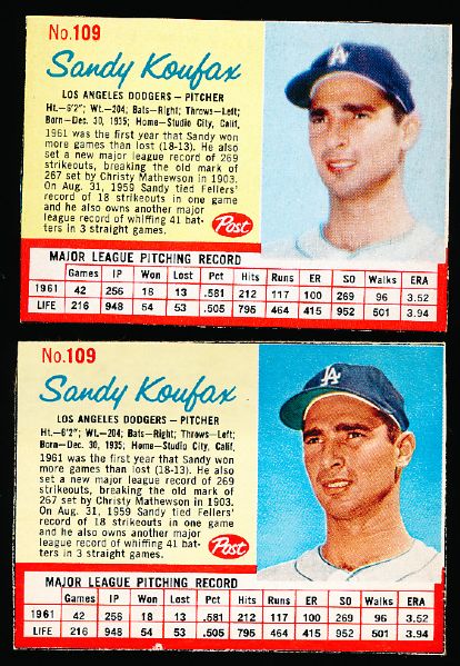 1962 Post Cereal Bb- #109 Sandy Koufax- 2 Cards