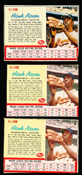 1962 Post Cereal Bb- #149 Hank Aaron, Braves- 3 Cards