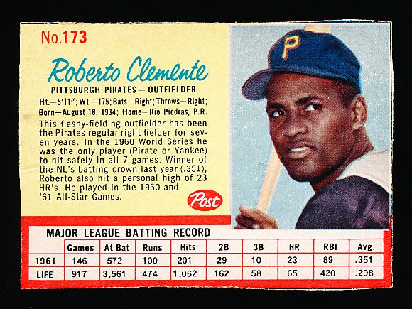1962 Post Cereal Bb- #173 Roberto Clemente- Red lines version