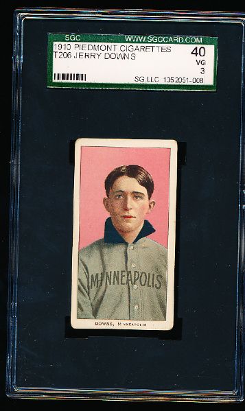 1910 T206 Baseball- Jerry Downs, Minneapolis- SGC 40 (Vg 3)- Piedmont 350 back