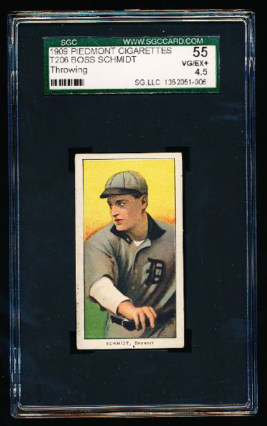 1909 T206 Baseball- Boss Schmidt, Detroit- Throwing- SGC 55 (Vg-Ex+ 4.5)- Piedmont 150 back.