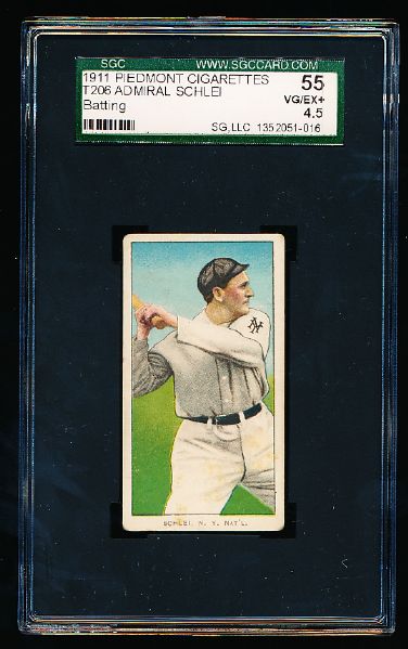 1911 T206 Baseball- Admiral Schlei, N.Y. Natl- SGC 55 (Vg-Ex+ 4.5)- Batting Pose- Piedmont 460 back.