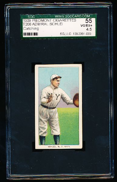 1909 T206 Baseball- Admiral Schlei, N.Y. Natl- SGC 55 (Vg-Ex+ 4.5)- Catching Pose-  Piedmont 150 back.