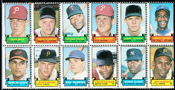 1969 Topps Baseball 12 Stamp Panel- includes Banks, Clemente, Clarke, Short, Swoboda, Blass, Belanger, etc.