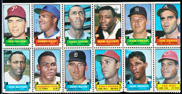 1969 Topps Baseball 12 Stamp Panel- incl. Torre, Jenkins, Perez, McLain, Callison, T. Davis, Tresh, etc.