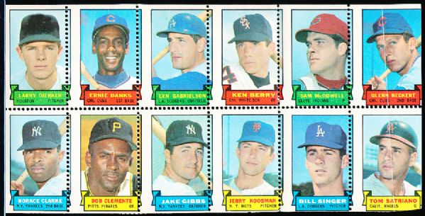 1969 Topps Baseball 12 Stamp Panel Beckert, Satriano, Clemente, Ernie Banks, Dierker, Clarke, Gibbs, Gabrielson, Berry, Koosman, McDowell, Singer.