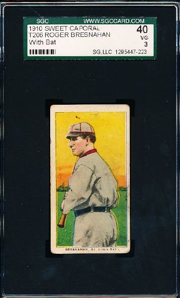 1909-11 T206 Baseball- Roger Bresnahan, St. Louis Natl- With Bat Pose- SGC 40(Vg 3)