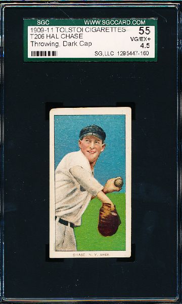 1909-11 T206 Baseball- Hal Chase, NY Amer- Throwing Dark Cap pose- Tolstoi Back- SGC 55 (Vg-Ex + 4.5)