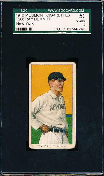 1909-11 T206 Baseball- Ray Demmitt, NY American (New York)- SGC 50 (Vg-Ex 4)