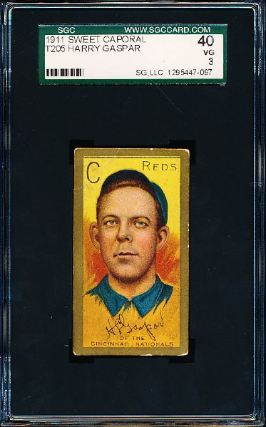 1911 T205 Baseball Gold Border- Harry Gaspar, Reds- SGC 40 (Vg 3)
