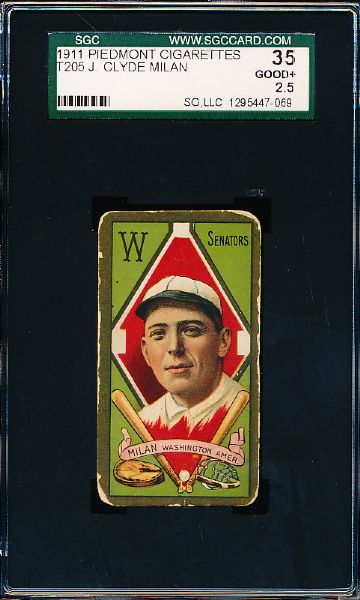 1911 T205 Baseball Gold Border- Clyde Milan, Senators- SGC 35 (Good + 2.5)