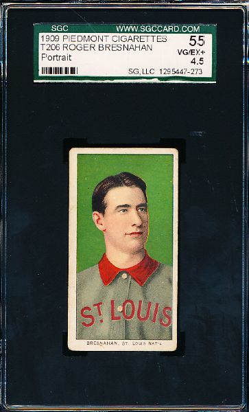 1909-11 T206 Bb- Roger Bresnahan, St. Louis Natl- Portrait Pose- SGC 55 (Vg/Ex+ 4.5)