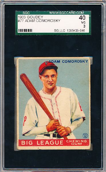 1933 Goudey Bb- #77 Adam Comorosky, Pirates- SGC 40 (Vg 3)