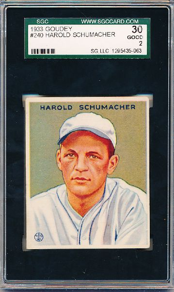 1933 Goudey Bb- #240 Hal Schmacher, Giants- SGC 30 (Good 2)