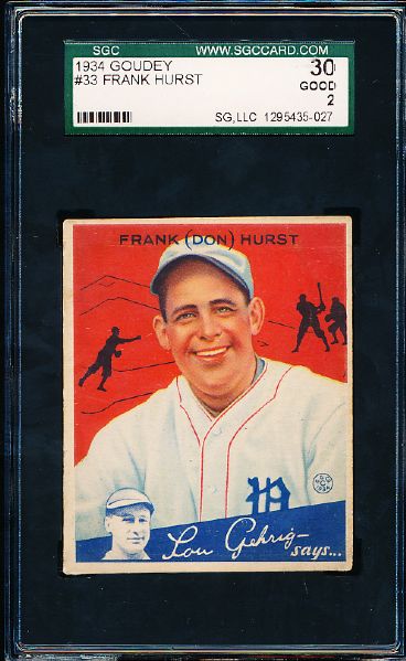 1934 Goudey Bb- #33 Frank Hurst, Phillies- SGC 30 (Good 2)