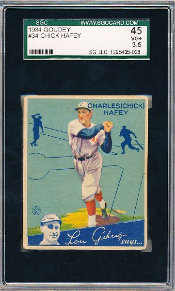 1934 Goudey Bb- #34 Chick Hafey, Reds- SGC 45 (Vg+ 3.5)