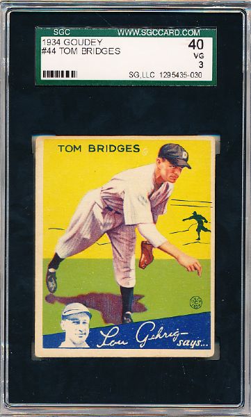 1934 Goudey Bb- #44 Tom Bridges, Tigers- SGC 40 (Vg 3)