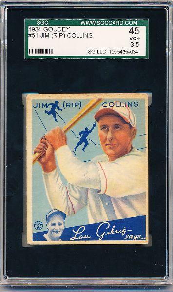 1934 Goudey Bb- #51 Jim (Rip) Collins, Cardinals- SGC 45 (Vg+ 3.5)