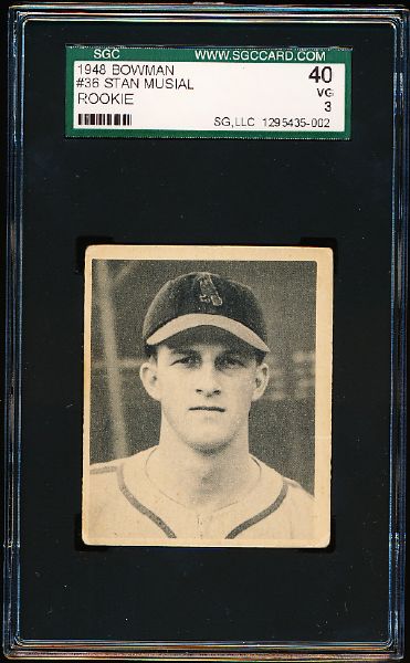 1948 Bowman Bb- #36 Stan Musial, Cardinals- Rookie- SGC 40 (Vg 3)