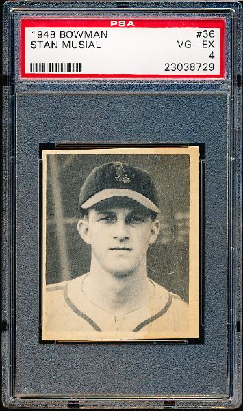 1948 Bowman Bb- #36 Stan Musial, Cardinals- Rookie! –PSA Vg-Ex 4 