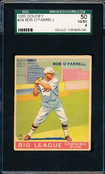1933 Goudey Baseball- #34 Bob O’Farrell, Cardinals- SGC 50 (Vg-Ex 4)