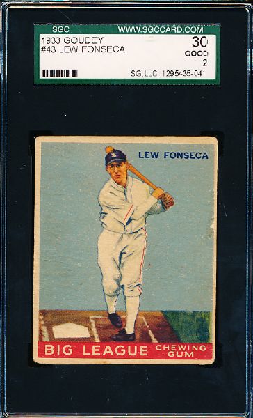 1933 Goudey Baseball- #43 Lew Fonseca, White Sox- SGC 30 (Good 2)