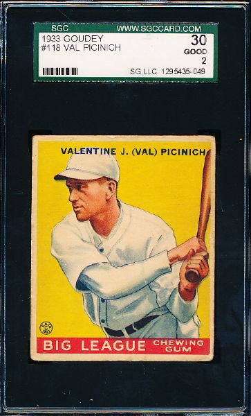 1933 Goudey Baseball- #118 Val Picinich, Brooklyn- SGC 30 (Good 2)