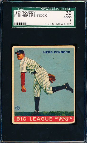 1933 Goudey Baseball- #138 Herb Pennock, Yankees- SGC 30 (Good 2)