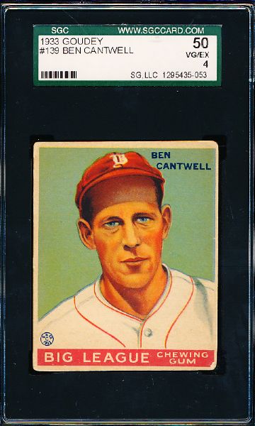 1933 Goudey Baseball- #139 Ben Cantwell, Boston Braves- SGC 50 (Vg-Ex)