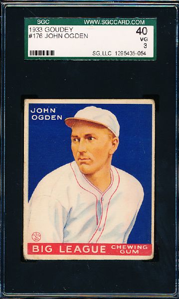 1933 Goudey Baseball- #176 John Ogden, Baltimore Orioles- SGC 40 (Vg 3)