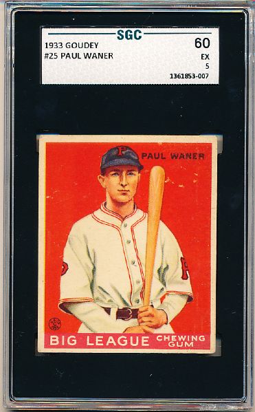 1933 Goudey Baseball- #25 Paul Waner, Pirates- SGC 60 (Ex 5)