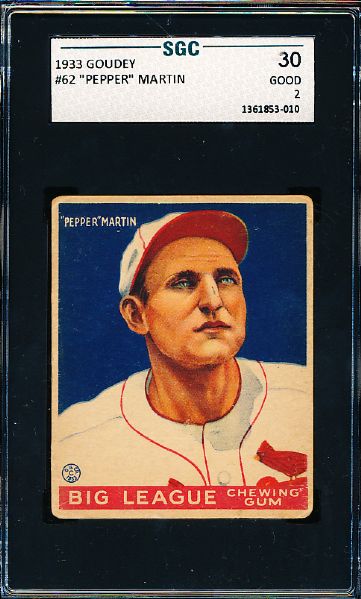 1933 Goudey Baseball- #62 Pepper Martin, Cardinals- SGC 30 (Good 2)