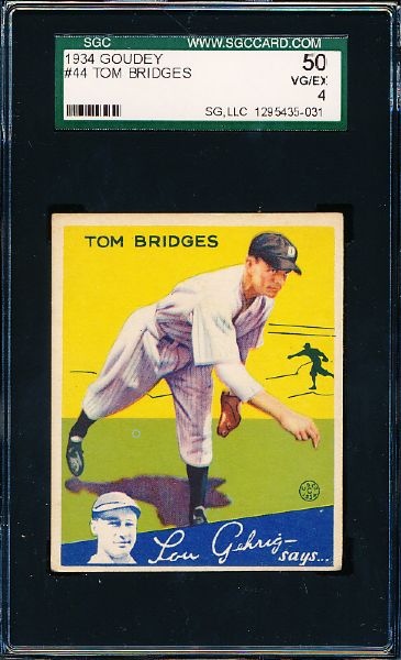 1934 Goudey Bb- #44 Tom Bridges, Detroit- SGC 50 (Vg-Ex 4)