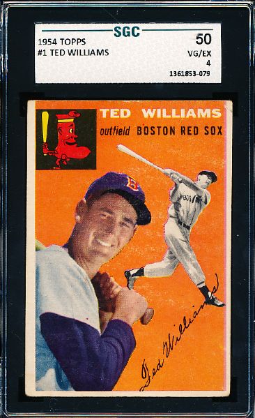 1954 Topps Baseball- #1 Ted Williams, Red Sox- SGC 50 (Vg-Ex 4)