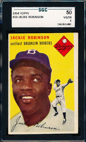 1954 Topps Baseball- #10 Jackie Robinson, Brooklyn- SGC 50 (Vg-Ex 4)