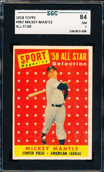 1958 Topps Baseball- #487 Mickey Mantle All Star- SGC 84 (NM 7)