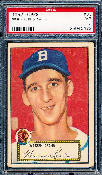 1952 Topps Baseball- #33 Warren Spahn, Braves- PSA Vg 3