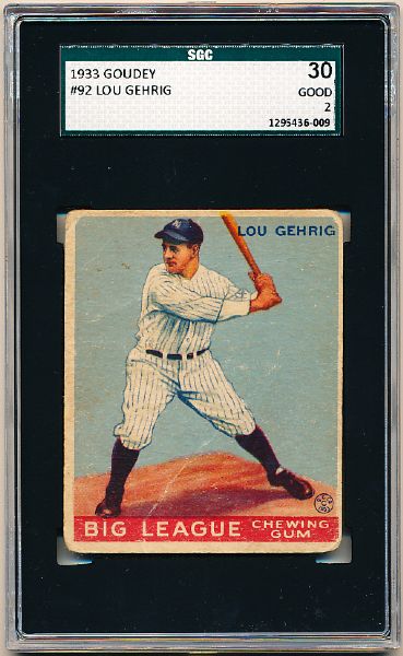 1933 Goudey Baseball- #92 Lou Gehrig, Yankees- SGC 30 (Good 2)