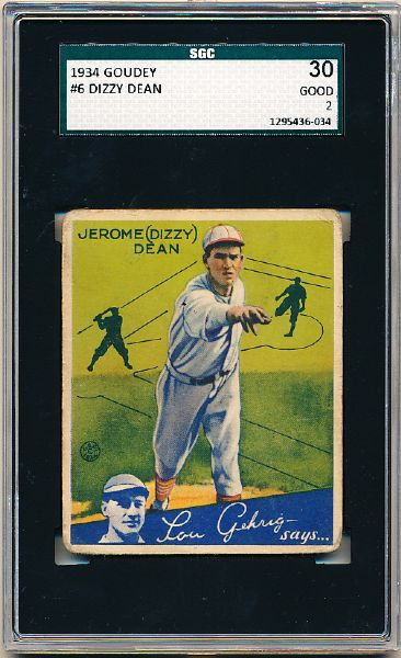 1934 Goudey Baseball- #6 Dizzy Dean, Cardinals- SGC 30 (Good 2)