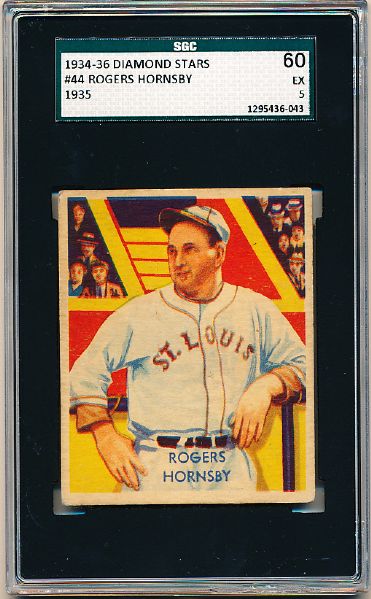 1934-36 Diamond Stars Bb- #44 Rogers Hornsby, Browns- SGC 60 (Ex 5)