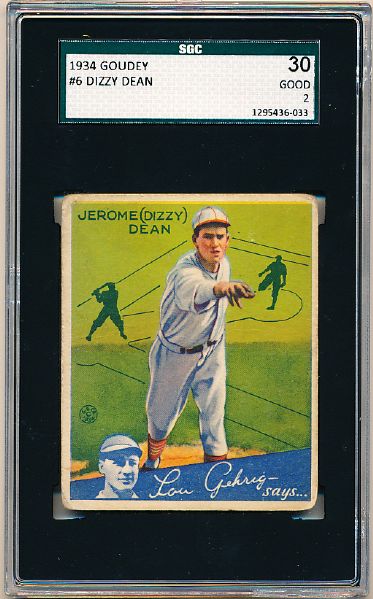 1934 Goudey Baseball- #6 Dizzy Dean, Cardinals- SGC 30 (Good 2)