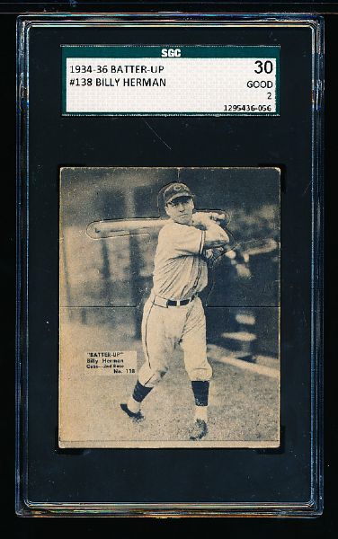 1934-36 Batter Up Baseball- #138 Billy Herman, Cubs- SGC 30 (Good 2)