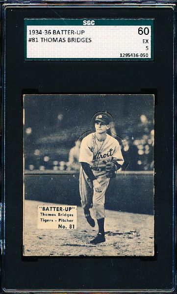 1934-36 Batter Up Baseball- #81 Thomas Bridges, Tigers- SGC 60 (Ex 5)- Hi #