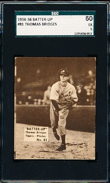 1934-36 Batter Up Baseball- #81 Thomas Bridges, Tigers- SGC 60 (Ex 5)- Hi#.