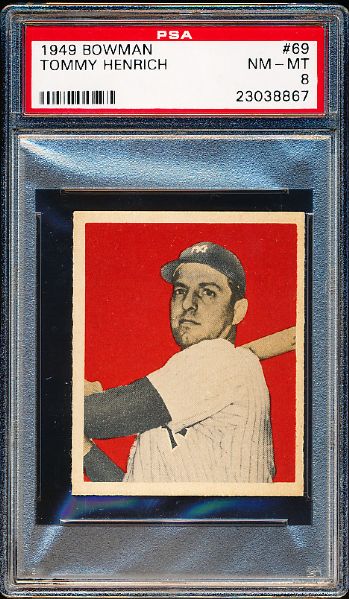 1949 Bowman Bb- #69 Tommy Henrich, Yankees- PSA Nm-Mt 8 – Cream colored back