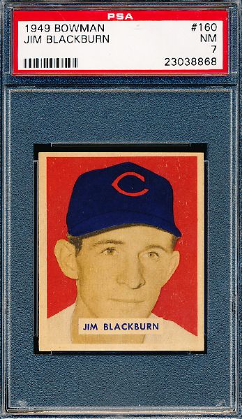 1949 Bowman Bb- #160 Jim Blackburn, Reds- PSA NM 7 – Hi #
