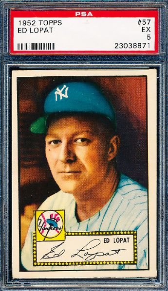 1952 Topps Baseball- #57 Ed Lopat, Yankees- PSA Ex 5 – Red back