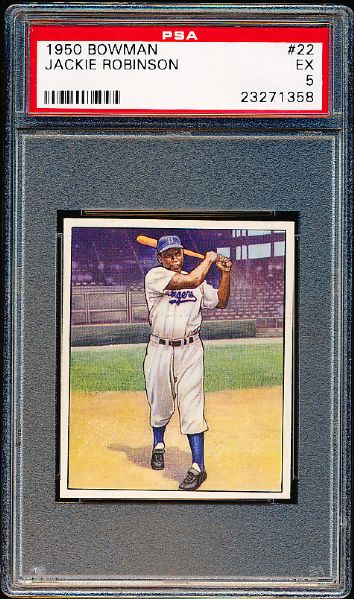 1950 Bowman Baseball- #22 Jackie Robinson, Dodgers- PSA Ex 5 