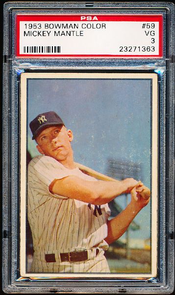 1953 Bowman Baseball Color- #59 Mickey Mantle, Yankees- PSA Vg 3 