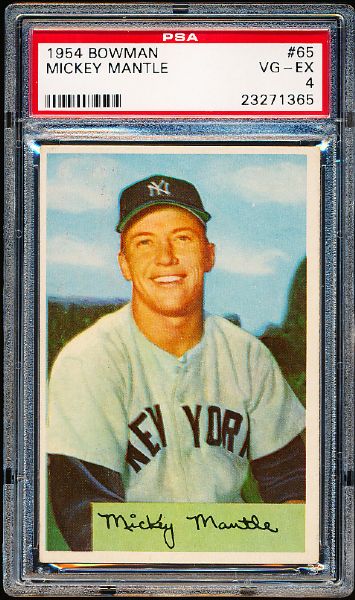 1954 Bowman Baseball- #65 Mickey Mantle, Yankees- PSA Vg-Ex 4 